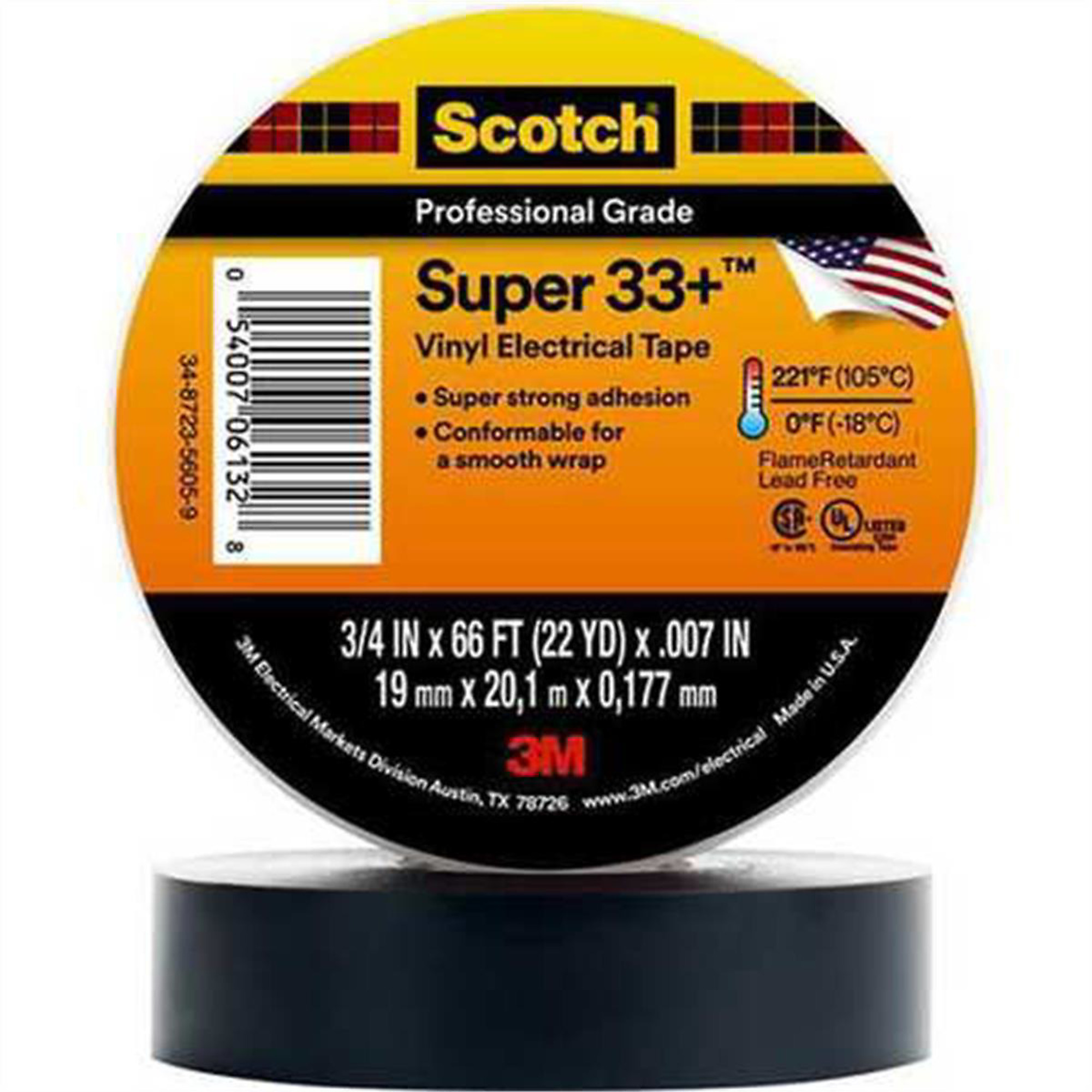 3M Vinyl Electrical Tape — 3/4in. x 52ft., 7 Mil, PVC Backing, UV Resistant, Model# MMM6133